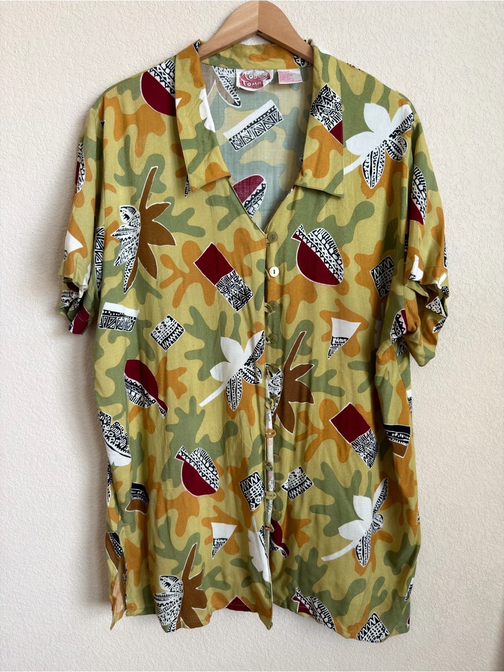 Vintage 90s Art Teacher Pottery Print Rayon Tunic Plus Size 22 Rosey Tomato Boho
